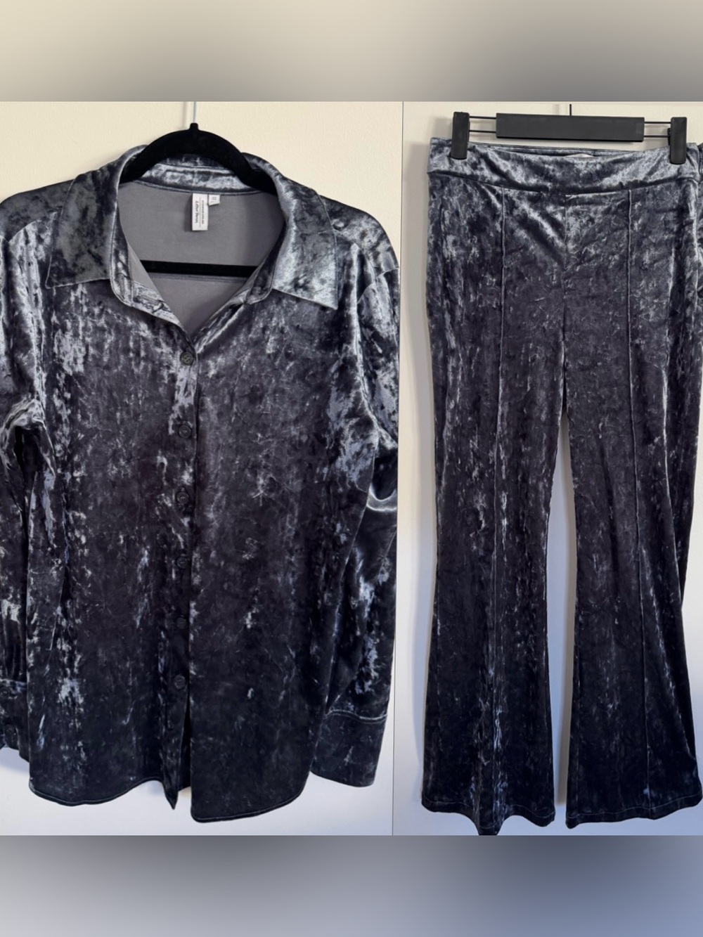 & Other Stories Silver Charcoal Crushed Velvet 2 Piece Set Shirt M Pants 6